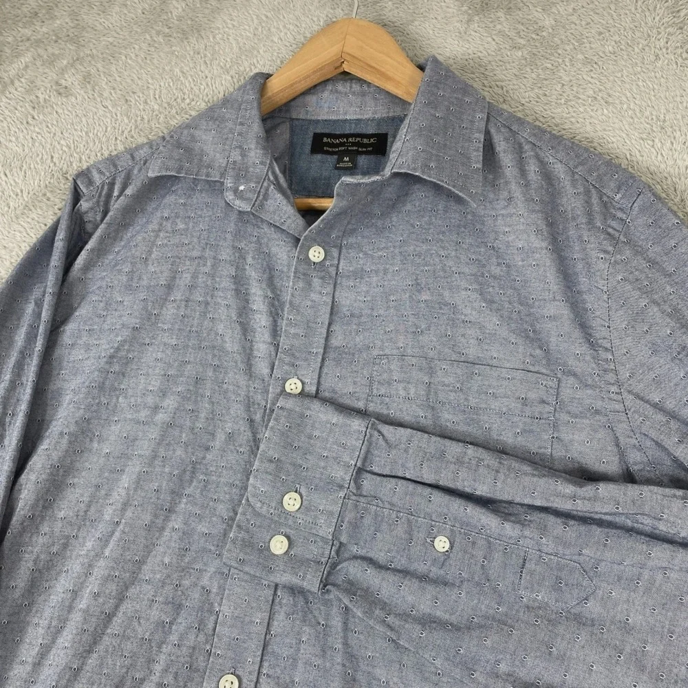 Banana Republic Button Down Shirt Mens Medium Blue Stretch Soft Wash Slim Dobby